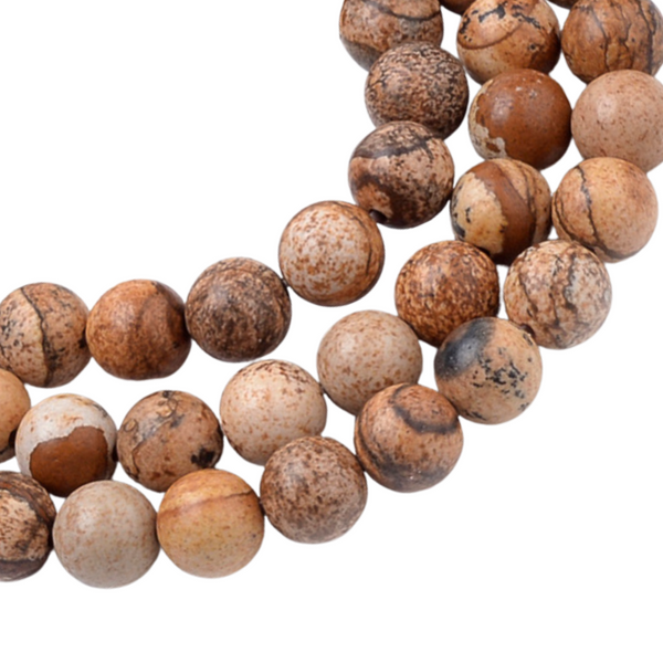 Rij van ronde 10mm kralen van picture jaspis natuursteen in bruine en beige tinten met natuurlijke tekening.