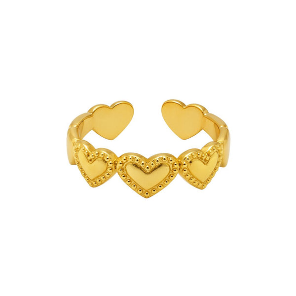 Goudkleurige stainless steel ring met negen hartjes en bolletjesrand, verstelbaar design