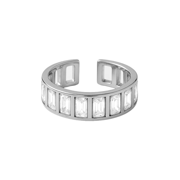 Zilverkleurige stainless steel ring met ingelegde rechthoekige zirkonia steentjes en open achterkant.