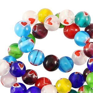 8mm Glaskralen Millefiori Hart Rond Mix - 1 stuk