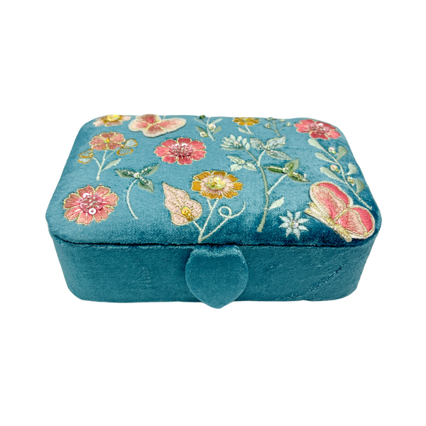 Opbergdoosje Velvet Met Bloemen Blauw