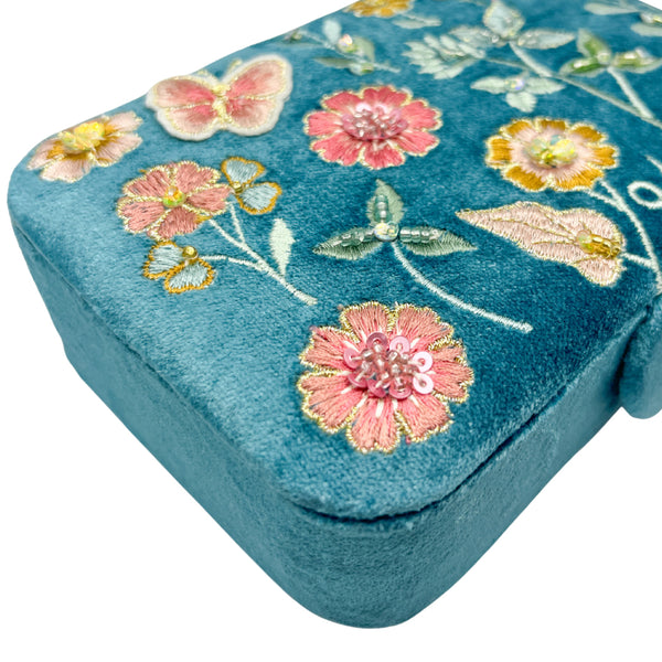 Opbergdoosje Velvet Met Bloemen Blauw