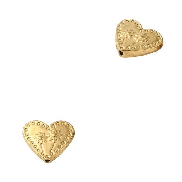 Metalen Kraal (Stainless steel) Hart Met Bloemen 10x11.5mm Goud - 1 stuk