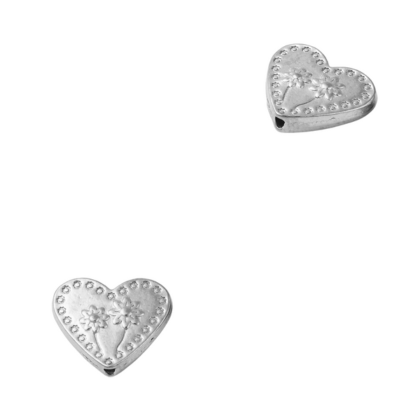 Metalen Kraal (Stainless steel) Hart Met Bloemen 10x11.5mm Zilver - 1 stuk