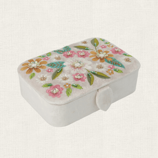 Opbergdoosje Velvet Met Bloemen Creme