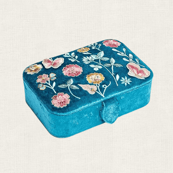 Opbergdoosje Velvet Met Bloemen Blauw