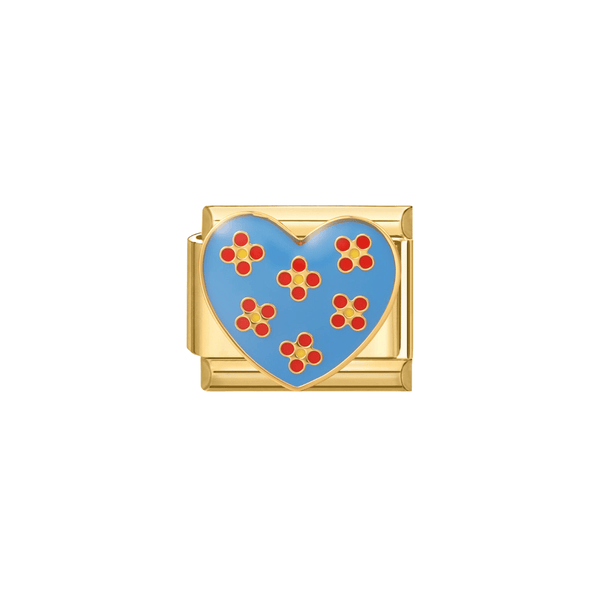 Italian Charm Blauw Hartje Met Bloemen Goud - 1 Stuk