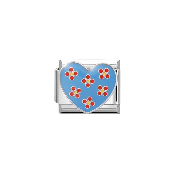 Italian Charm Blauw Hartje Met Bloemen Zilver - 1 Stuk