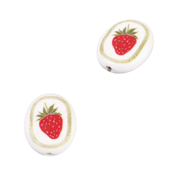 Keramiek Kraal Ovaal Aardbei Wit Rood 18.5mm - 1 stuk