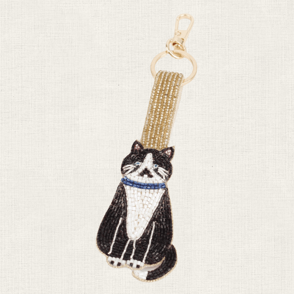 Sleutelhanger Kralen Zwart Witte Kat - Goud