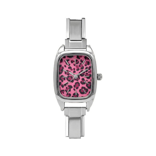 Italian Charm Horloge Link Vierkant Roze Luipaard Zilver - 1 Stuk