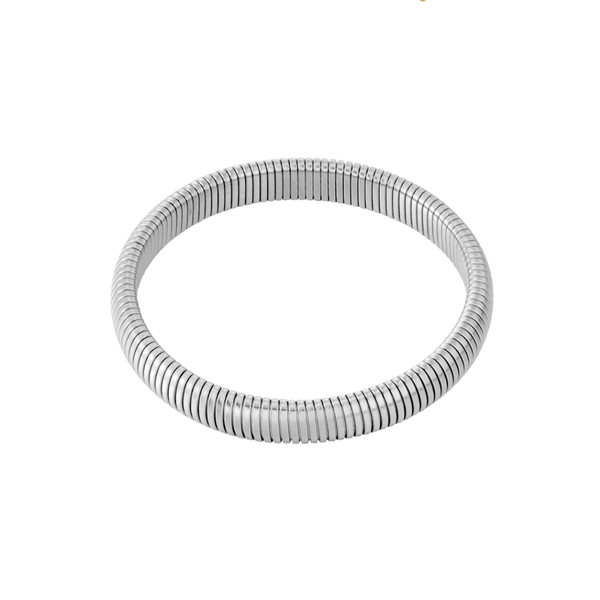 Ronde elastische armband met gladde, slangenachtige structuur en glanzende afwerking, zonder sluiting.