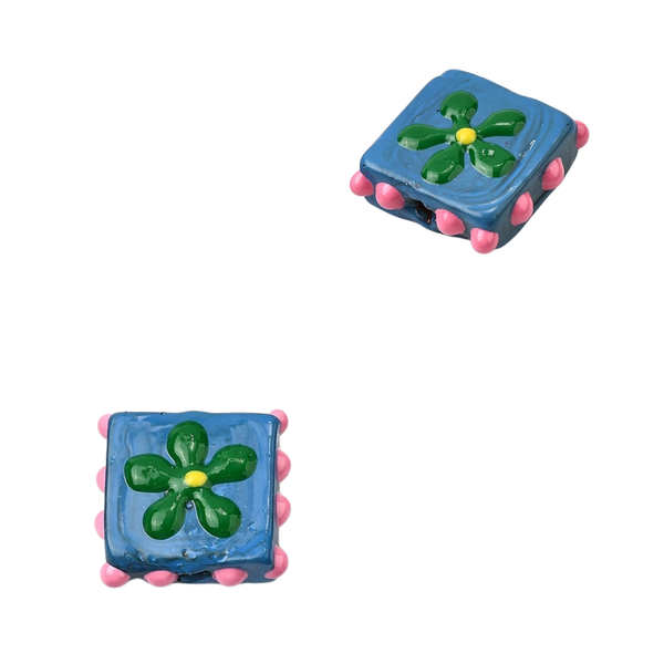 Glaskraal 17.5mm Vierkant Bloem Blauw Roze  - 1 stuk