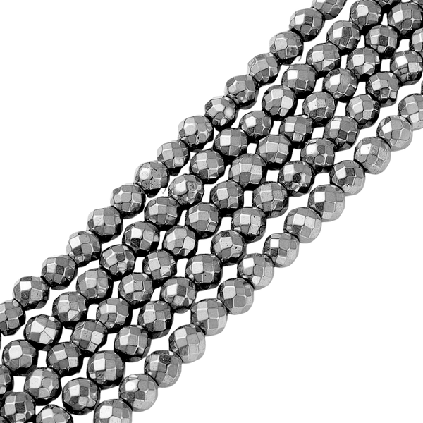 6mm Natuursteen Kralen Rond Facet Hematiet Zilver- 20 Stuks