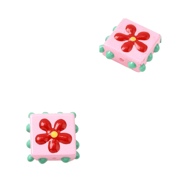 Glaskraal 17.5mm Vierkant Bloem Roze Rood  - 1 stuk