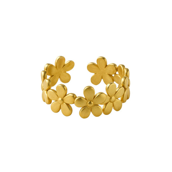 Goudkleurige stainless steel ring met open achterkant en doorlopend bloemenpatroon.
