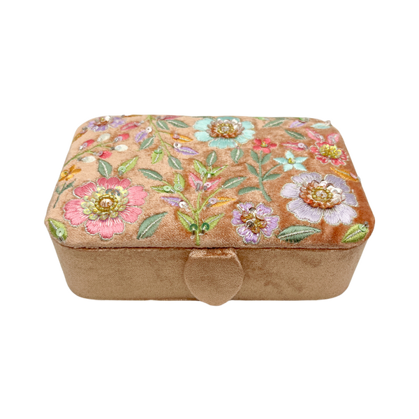 Opbergdoosje Velvet Met Bloemen Beige