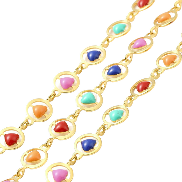 Jasseron (stainless steel) Hearts Multicolor 6x10.5mm Gold (per 20cm)