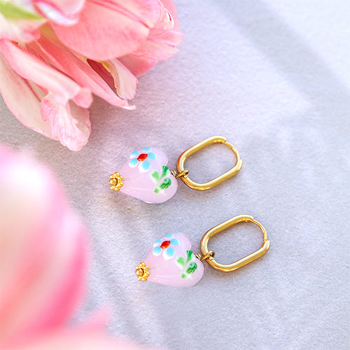 Glaskraal 15mm Hart Bloemen - Roze Blauw