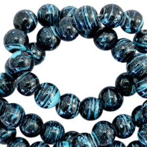 6mm Glaskraal Drip Line Glitter Zwart Blauw 10 stuks