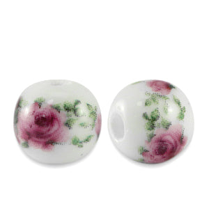 Ceramic Bead Roses White/Pink 6mm