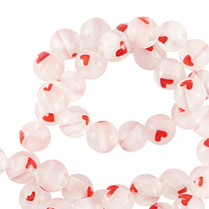 6mm Glass Beads Millefiori Heart Round White/Red 10 pieces