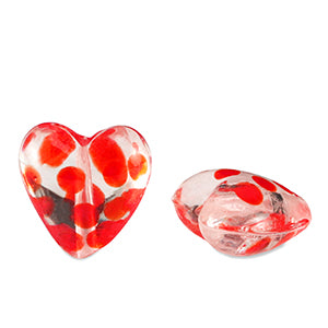 Glass Bead 15mm Heart Dots- Transparent Red