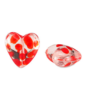 Glaskraal 15mm Hart Dots Transparant Rood  - 1 stuk