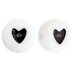 Acrylic Beads Hearts White-Black 7mm 25 Pieces